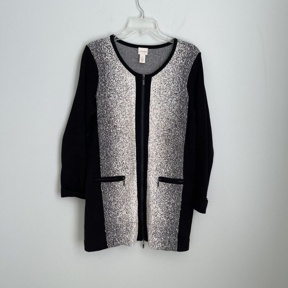 Chico's 1 Black White Full Zip Long Sleeve Sweater Coat